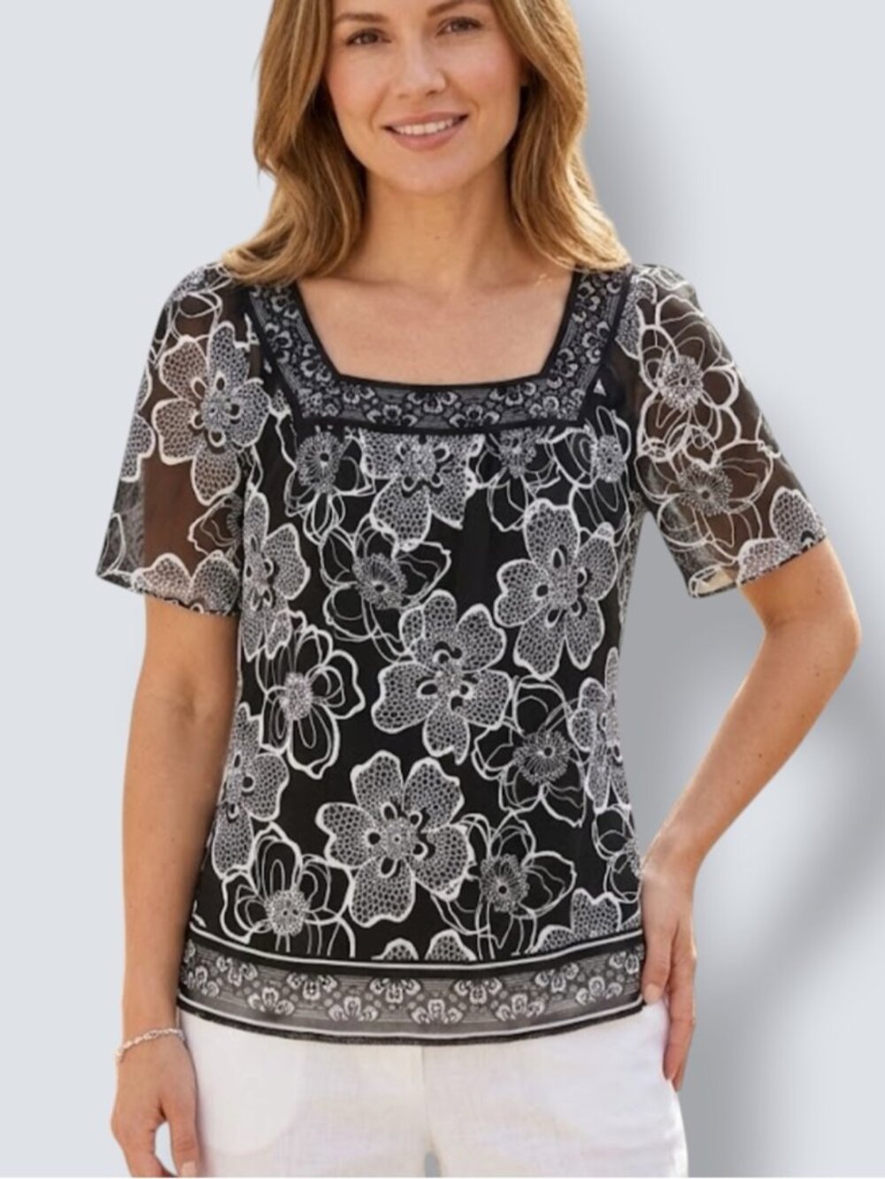 JM Collection Sheer Lined Top Short Sleeve Square Neck Beaded Petite 6